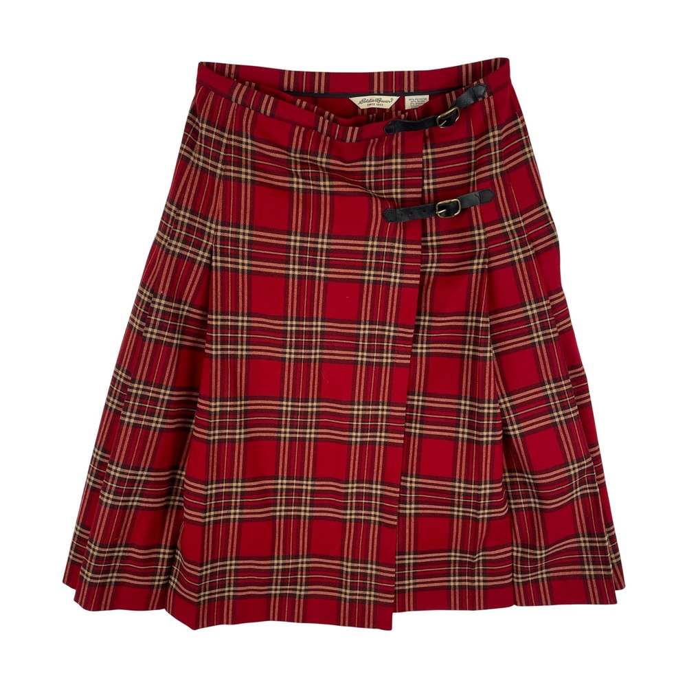 Eddie Bauer Red Plaid Kilt Wrap Skirt Buckle Accent Tartan Pleated 4 3725